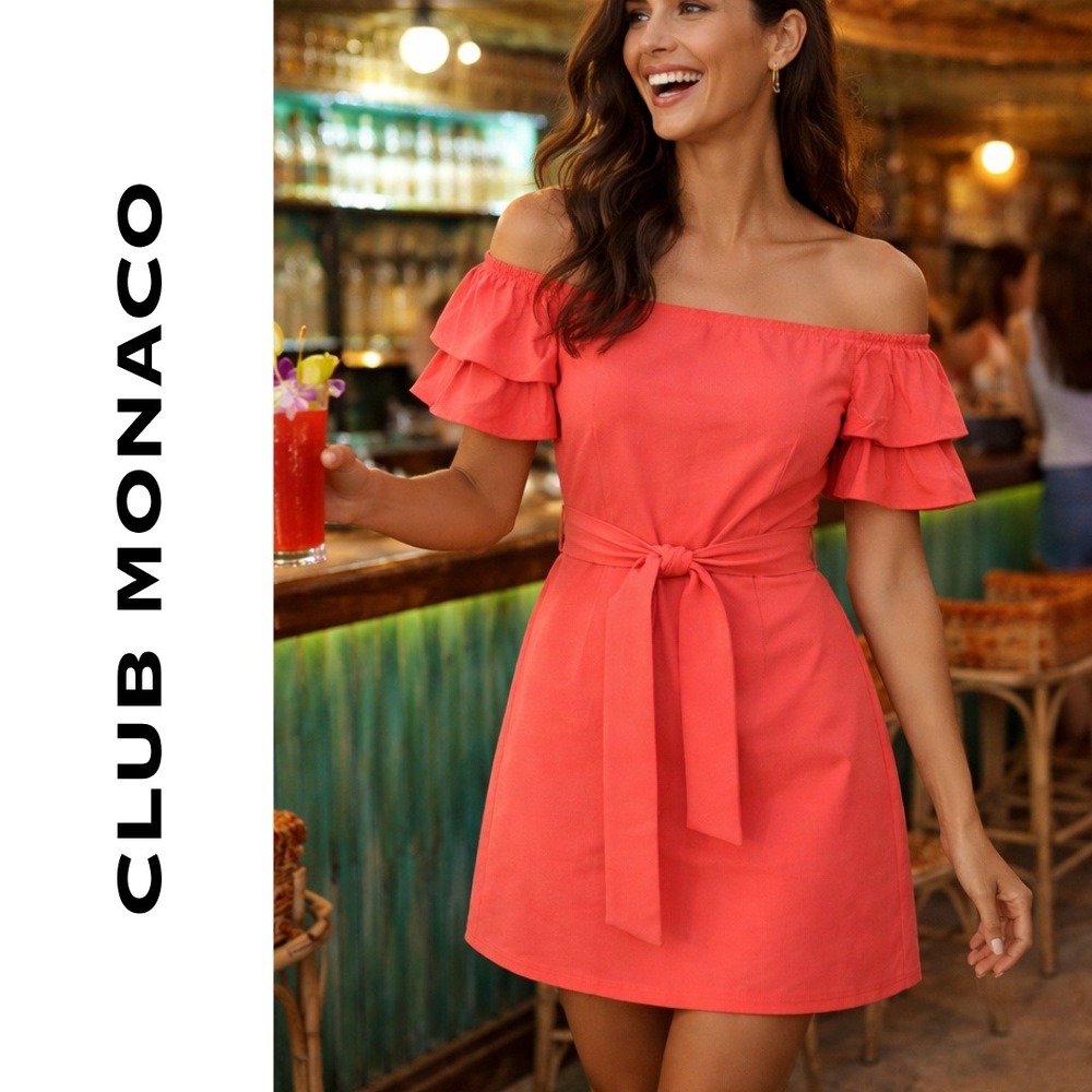 Club Monaco, Coral Pink Off-the-Shoulder Tie Waist Ruffle Sleeve Mini Dress 00
